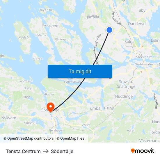 Tensta Centrum to Södertälje map