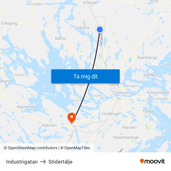 Industrigatan to Södertälje map