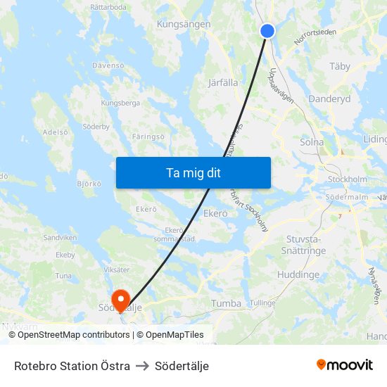 Rotebro Station Östra to Södertälje map