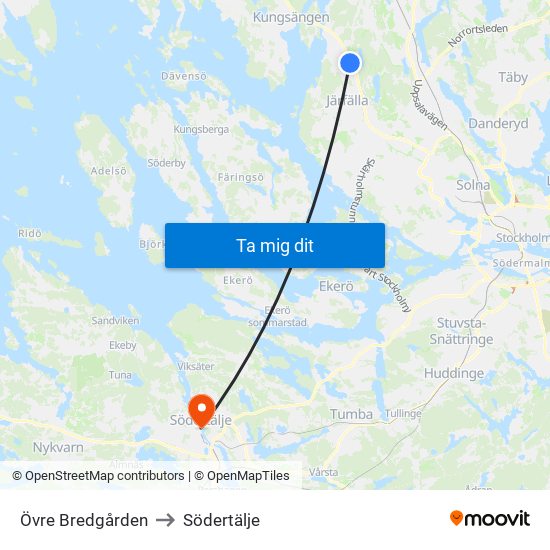 Övre Bredgården to Södertälje map