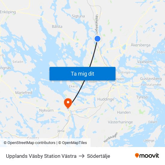 Upplands Väsby Station Västra to Södertälje map