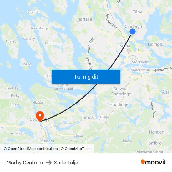 Mörby Centrum to Södertälje map