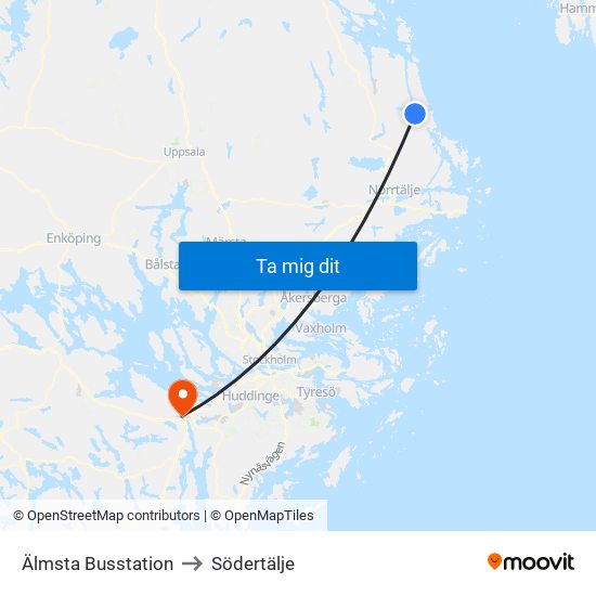 Älmsta Busstation to Södertälje map