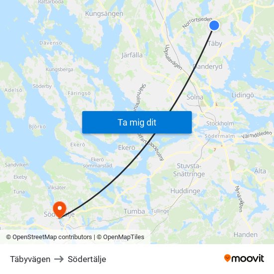 Täbyvägen to Södertälje map