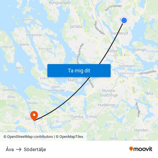 Åva to Södertälje map