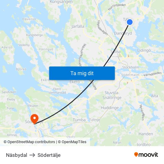 Näsbydal to Södertälje map