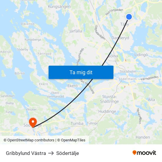 Gribbylund Västra to Södertälje map