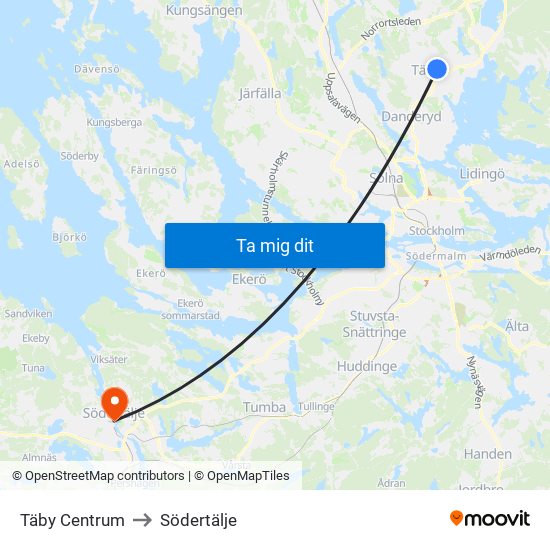 Täby Centrum to Södertälje map