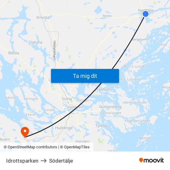 Idrottsparken to Södertälje map