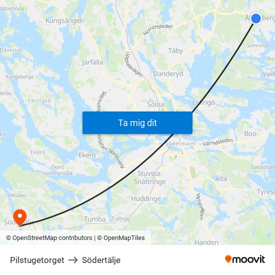 Pilstugetorget to Södertälje map