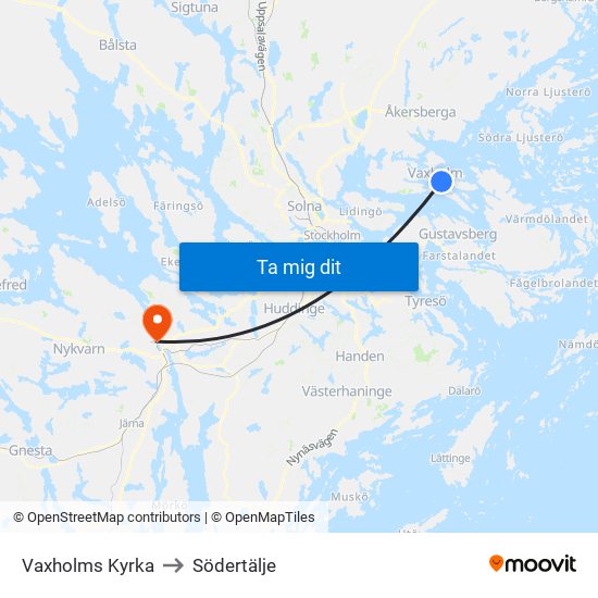 Vaxholms Kyrka to Södertälje map