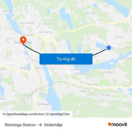 Rönninge Station to Södertälje map