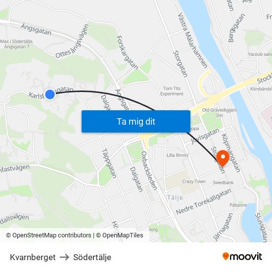 Kvarnberget to Södertälje map