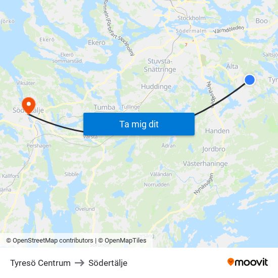 Tyresö Centrum to Södertälje map