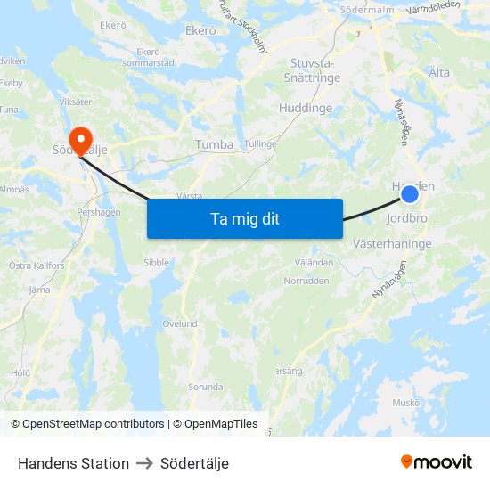 Handens Station to Södertälje map