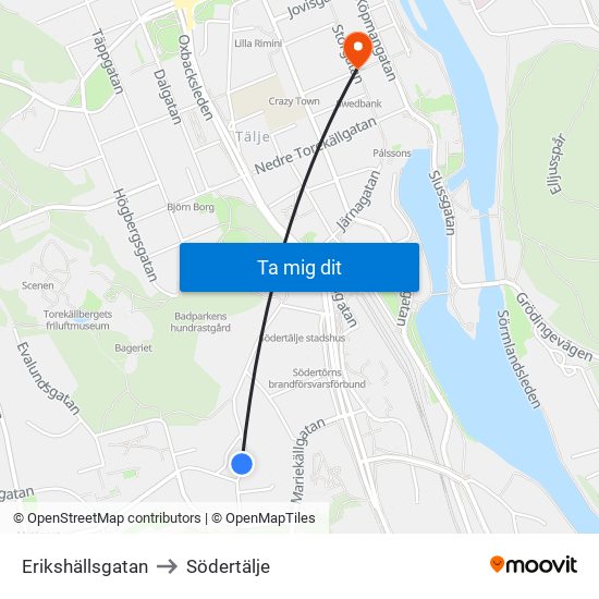 Erikshällsgatan to Södertälje map