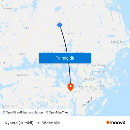 Nyberg (Jumkil) to Södertälje map