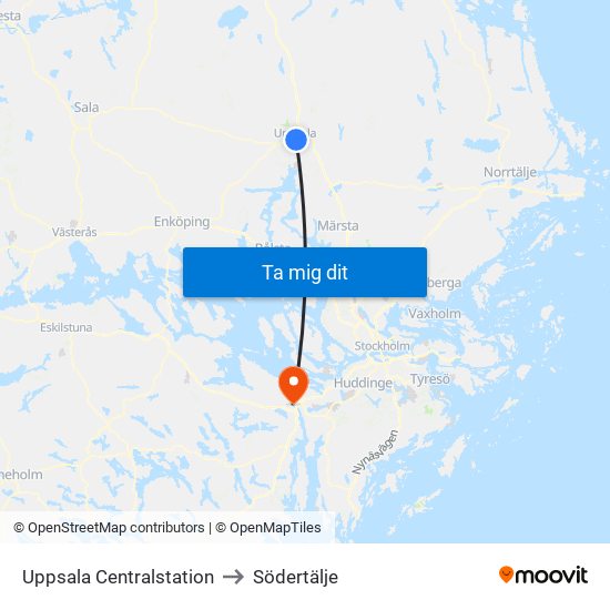 Uppsala Centralstation to Södertälje map