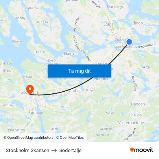 Stockholm Skansen to Södertälje map