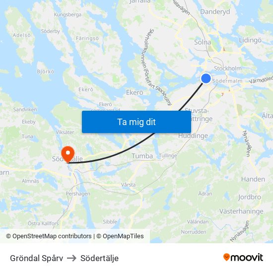 Gröndal Spårv to Södertälje map