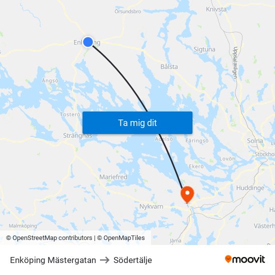 Enköping Mästergatan to Södertälje map