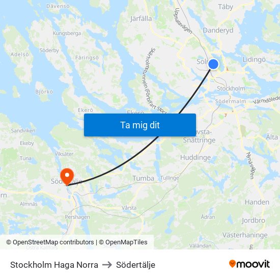 Stockholm Haga Norra to Södertälje map