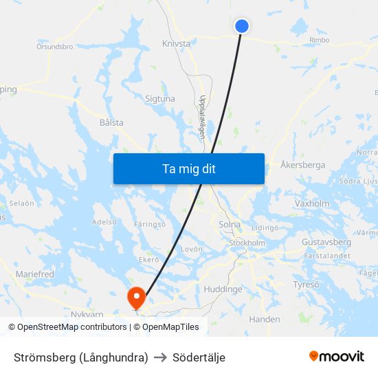 Strömsberg (Långhundra) to Södertälje map