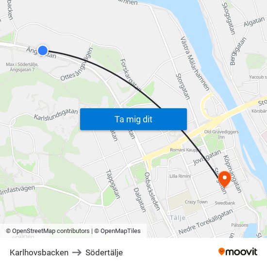 Karlhovsbacken to Södertälje map