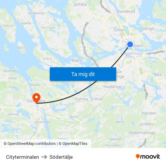 Cityterminalen to Södertälje map