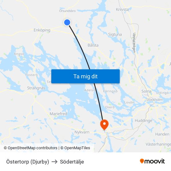 Östertorp (Djurby) to Södertälje map