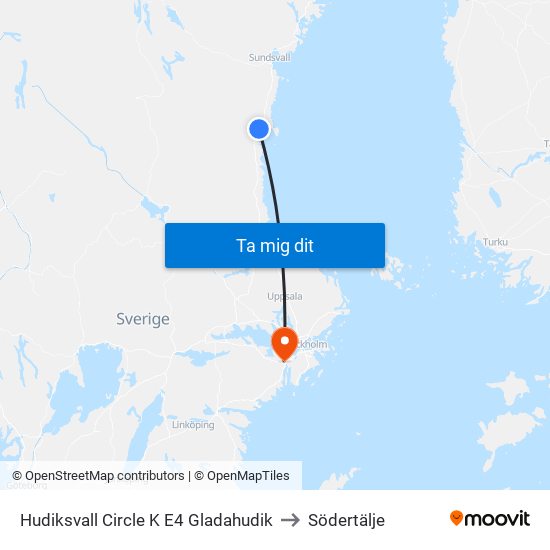 Hudiksvall Circle K E4 Gladahudik to Södertälje map