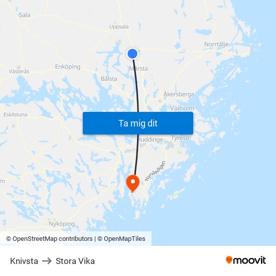 Knivsta to Stora Vika map