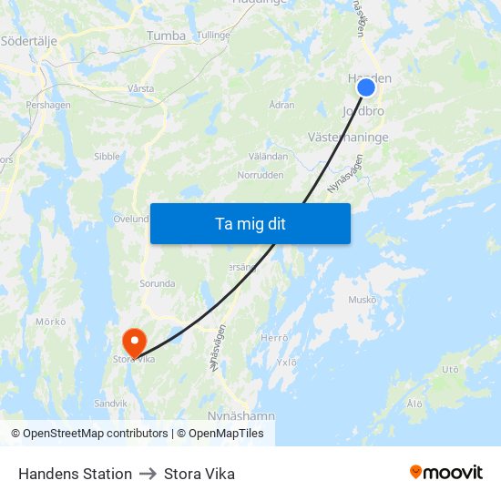 Handens Station to Stora Vika map