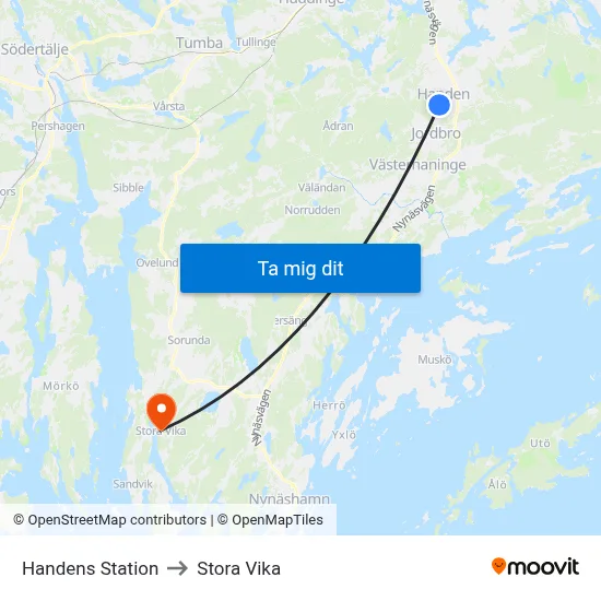 Handens Station to Stora Vika map