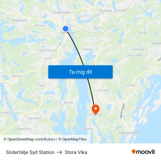 Södertälje Syd Station to Stora Vika map