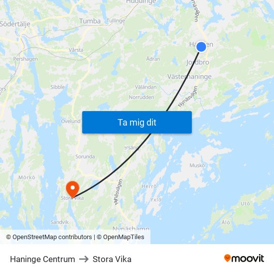 Haninge Centrum to Stora Vika map