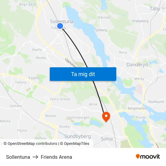 Sollentuna to Friends Arena map