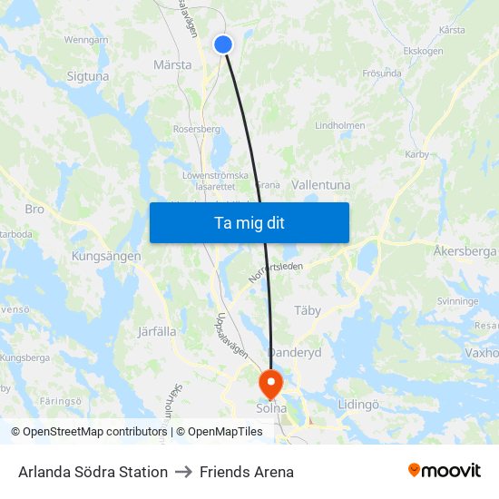 Arlanda Södra Station to Friends Arena map