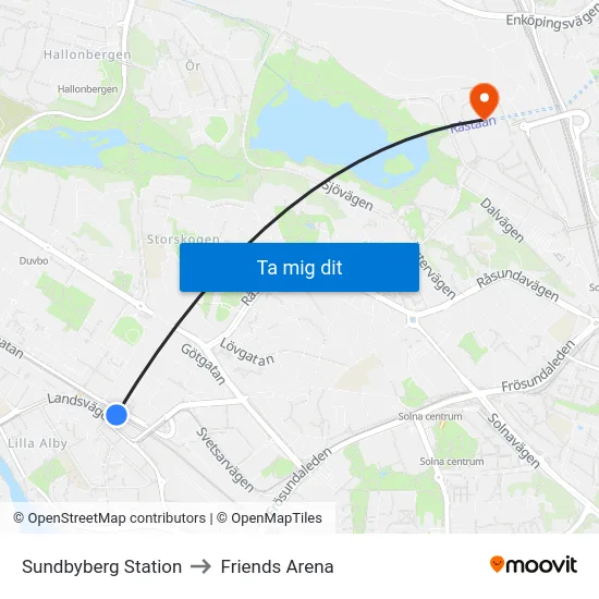 Sundbyberg Station to Friends Arena map