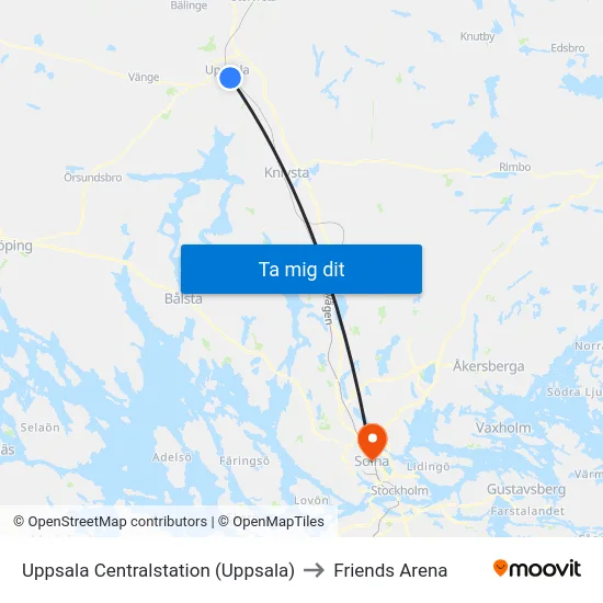 Uppsala Centralstation (Uppsala) to Friends Arena map
