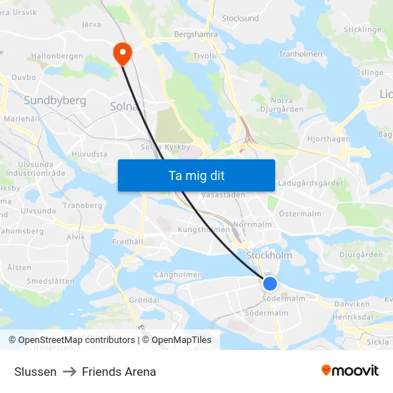 Slussen to Friends Arena map