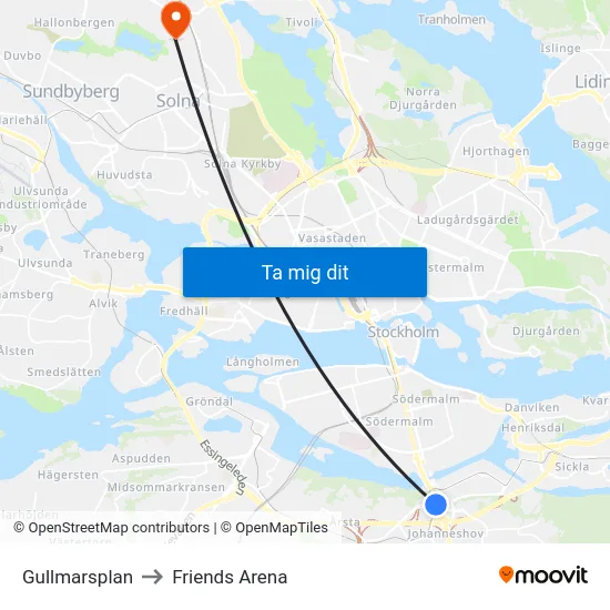 Gullmarsplan to Friends Arena map