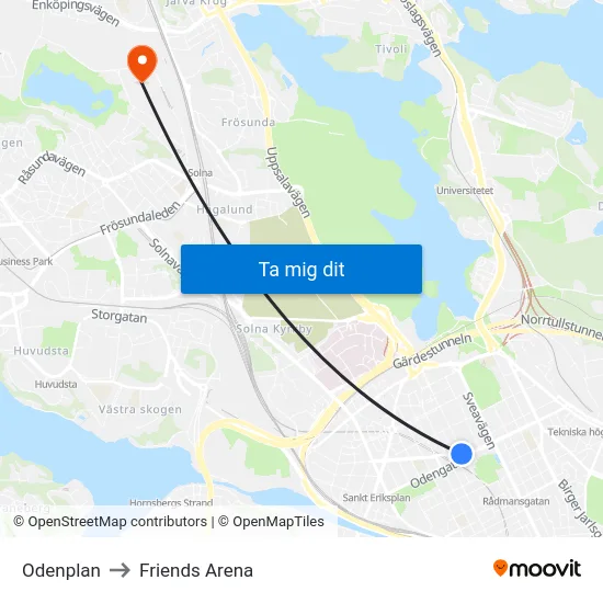 Odenplan to Friends Arena map