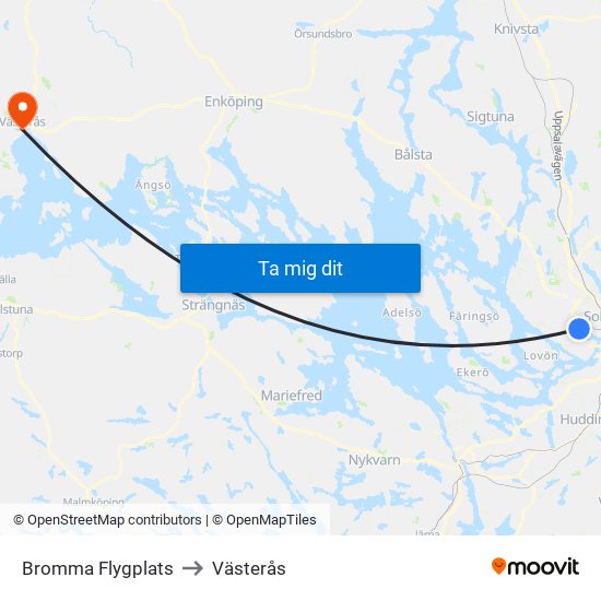Bromma Flygplats to Västerås map