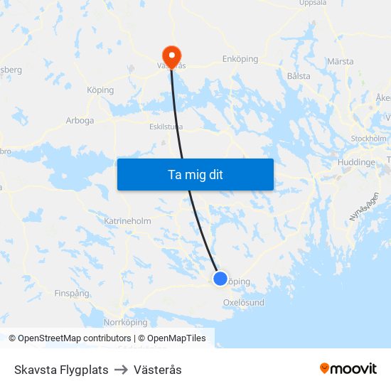 Skavsta Flygplats to Västerås map