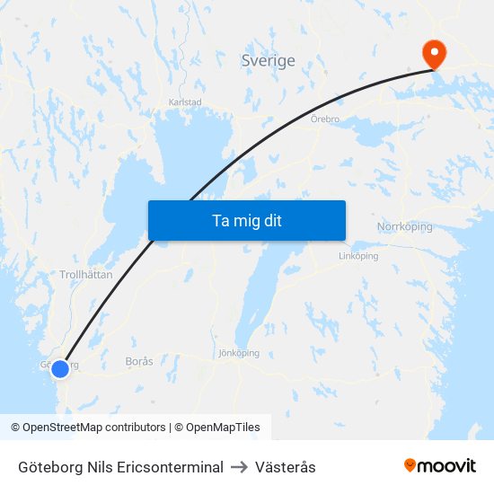 Göteborg Nils Ericsonterminal to Västerås map