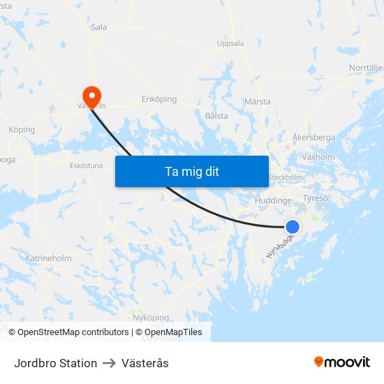 Jordbro Station to Västerås map