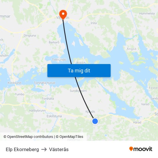 Elp Ekorneberg to Västerås map