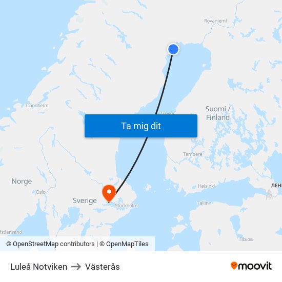 Luleå Notviken to Västerås map