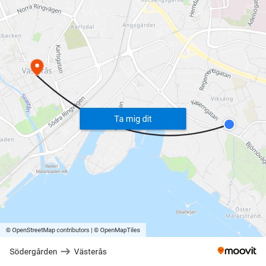 Södergården to Västerås map